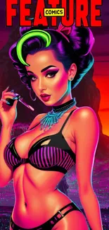 Retro neon comic art wallpaper featuring vibrant character and sunset.