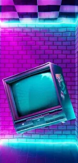 Vibrant retro wallpaper with neon lights and a floating CRT television.