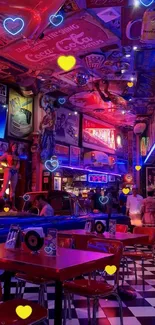 Colorful retro diner with neon lights and vintage decor creating vibrant vibes.