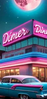 Retro diner with neon lights and a classic car at night.