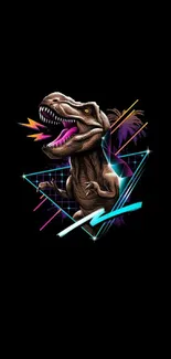 A retro neon dinosaur design on a black background with colorful geometric accents.
