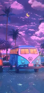 Retro van under a neon sky with palm trees and a crescent moon.