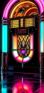 Colorful neon jukebox on black background.