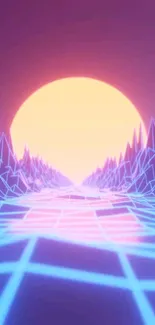 Retro neon landscape wallpaper with a glowing sunset and digital grid.