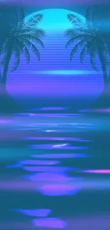 Retro neon wallpaper with palm trees and ocean reflection.