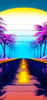 Retro neon road with vibrant palm trees under a sunset.