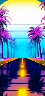 Retro neon sunset road with palms, vivid synthwave colors.