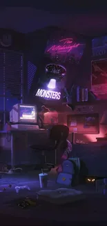 Retro neon-lit room with computer setup, posters, and gaming accessories.