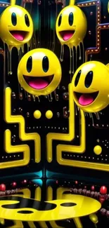Retro neon smileys with arcade maze art