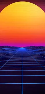 Retro neon wallpaper with sunset and gridlines for mobile background.