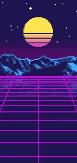 Retro neon sunset with grid and mountains.