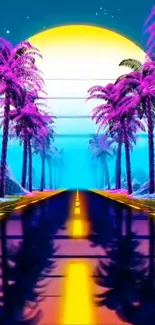 Neon sunset road with vibrant colors and palm trees in retro style.