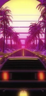 Retro futuristic wallpaper with neon sun and palm trees.