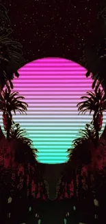 Neon retro sunset with palm trees in a vibrant futuristic style background.