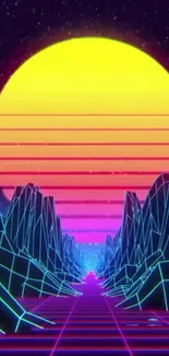 Retro neon sunset with synthwave grid landscape.