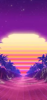 Retro neon sunset with palm trees, perfect for mobile wallpaper.