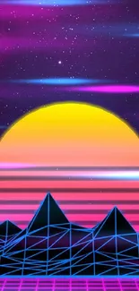 Retro neon sunset with geometric landscape.