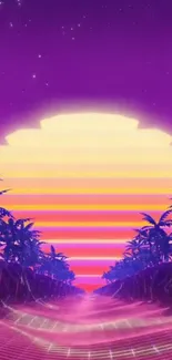 Retro neon sunset wallpaper with vibrant colors and palm trees.