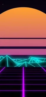 Retro neon sunset with geometric design and vibrant colors.