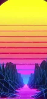 Retro neon sunset with geometric mountain peaks and brightly colored sky.