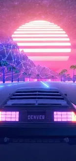 Retro synthwave wallpaper with car driving toward a neon sunset.