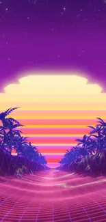 Retro neon tropical sunset with palm trees and vibrant purple and pink hues.