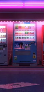 Neon-lit vending machines under pink lighting.