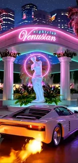 Retro nightclub with a neon ambiance and a vintage car.