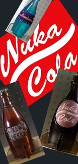 Vibrant Nuka Cola bottles and logo wallpaper with retro gaming theme and colors.