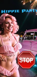 Retro party theme with pink bikini, car, neon lights, and stop sign in fun wallpaper.