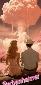 A couple sits beneath a pastel explosion with cherry blossoms in a retro scene.