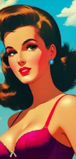 Vibrant retro pin-up woman illustration in sky blue background.