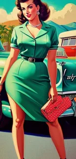 Retro pin-up style wallpaper with classic car and vibrant colors.