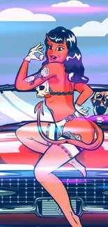 Retro pin-up devil girl on classic car in vibrant style.