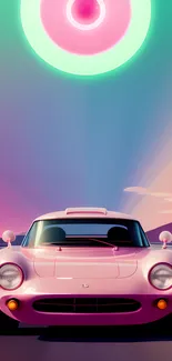 Retro pink car under a neon sky in a dreamy landscape mobile wallpaper.