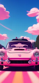 Pink retro car under cotton candy clouds mobile wallpaper.