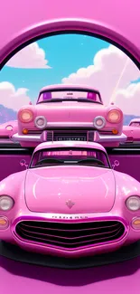 Retro pink cars set against a bright sky backdrop.