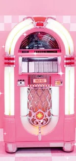 Retro pink jukebox against checkered backdrop.