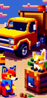 Pixel art with truck and fox characters in vibrant colors.