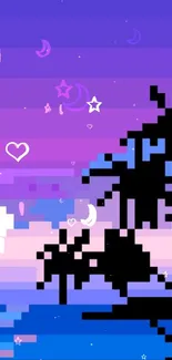 Purple retro pixel art beach wallpaper with palm silhouette.