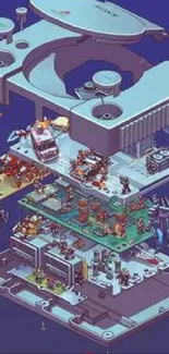 Retro pixel art isometric wallpaper with a circuit board design.