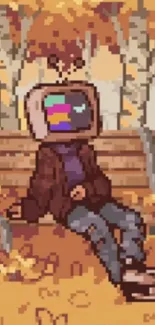 Pixel art featuring a person with a TV head on an autumn bench.