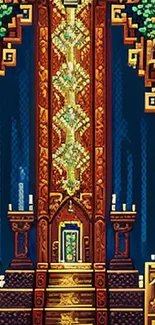 Intricate retro pixel art shrine with vibrant design on a mobile wallpaper.