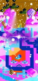 Retro pixel art wonderland with vibrant colors and snowfall.