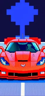 Red sports car in pixel art style on a blue background.