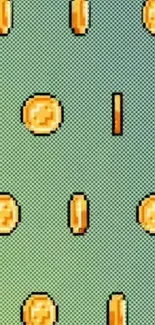 Pixel art wallpaper with golden coins on a green background.