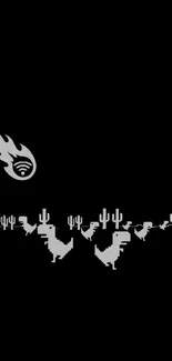 Pixel dinosaur and Wi-Fi meteor on black background wallpaper.