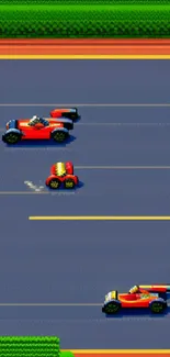 Retro pixel art racing scene with colorful vintage cars.