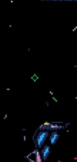 Retro pixel art spaceship in space with stars.