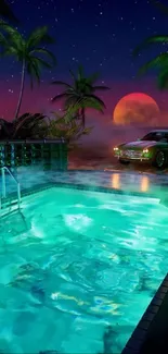 Retro pool night with classic car and neon lights.